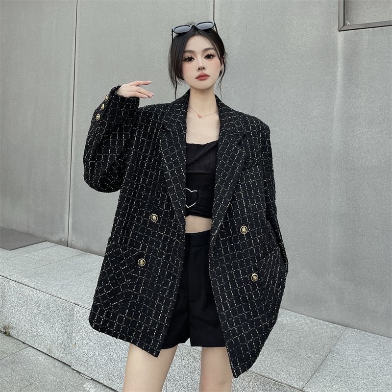 Notch Lapel Plaid Tweed Double-Breasted Blazer