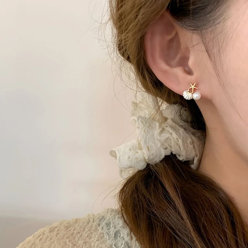 Stud Pearl Earring Clip Asymmetrical On / Rhinestone Faux Shell