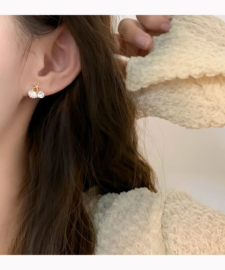 Stud Pearl Earring Clip Asymmetrical On / Rhinestone Faux Shell