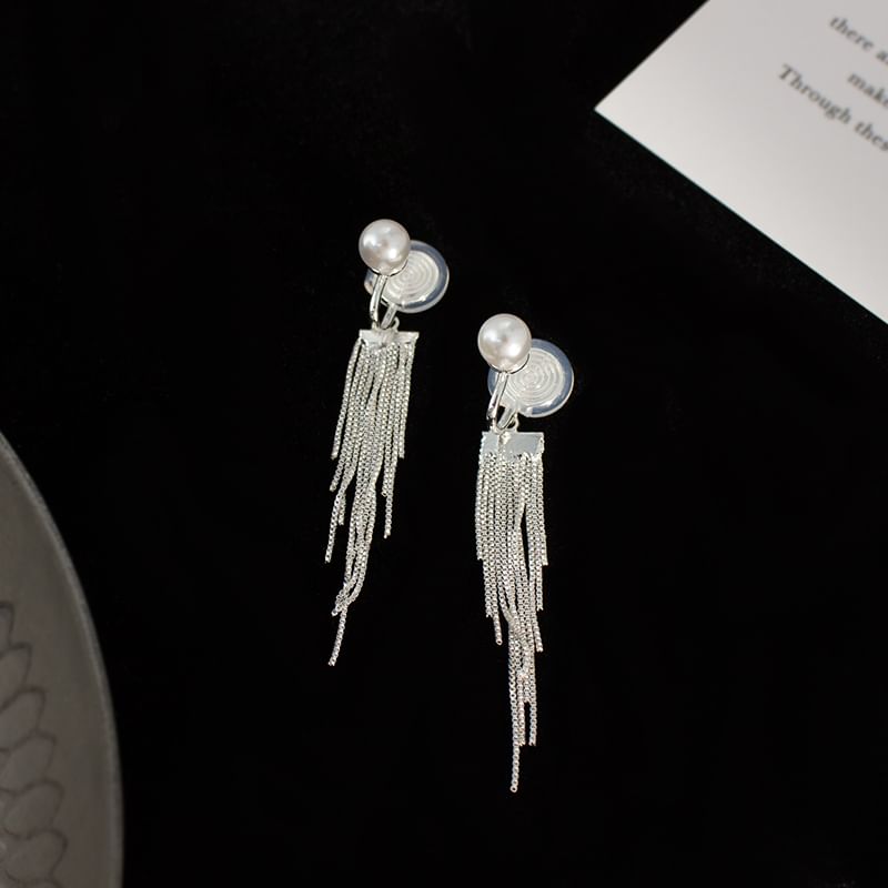 Earring Drop Faux Pearl / Clip On Fringe
