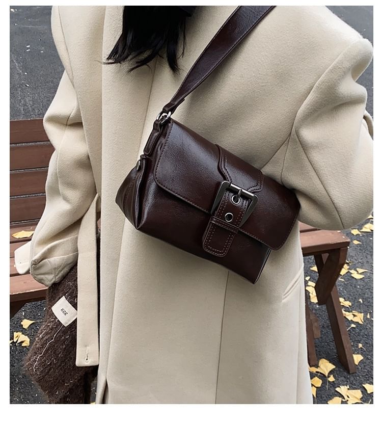 Crossbody Buckled Flap Faux Bag Plain Leather