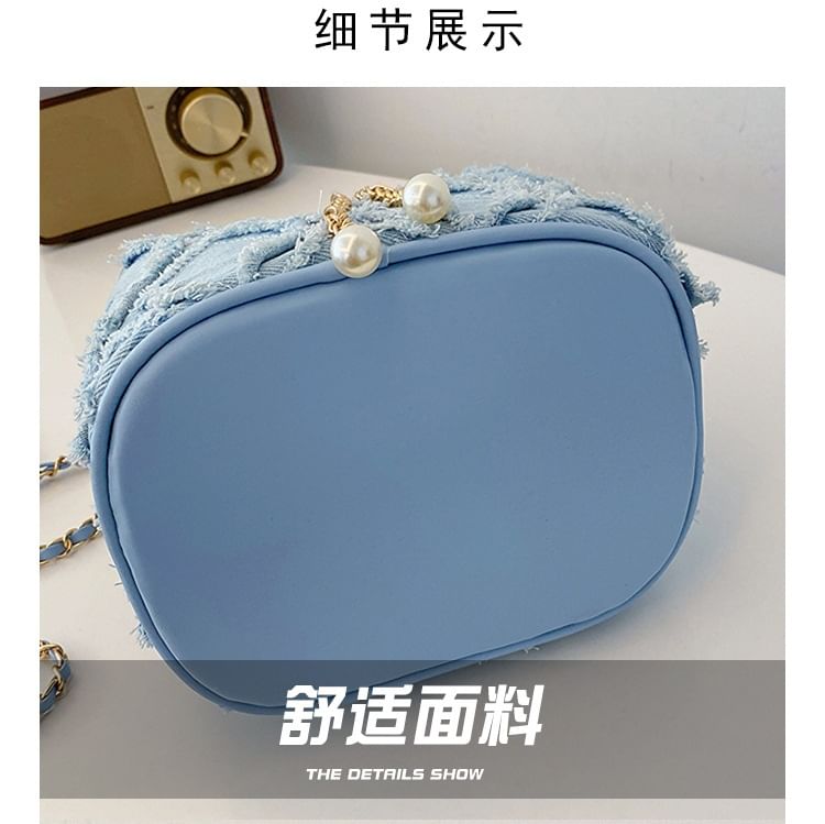 Bucket Drawstring Bag Chain Strap Frayed