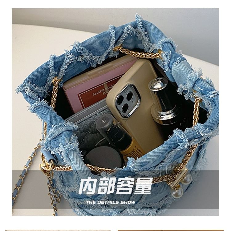 Bucket Drawstring Bag Chain Strap Frayed