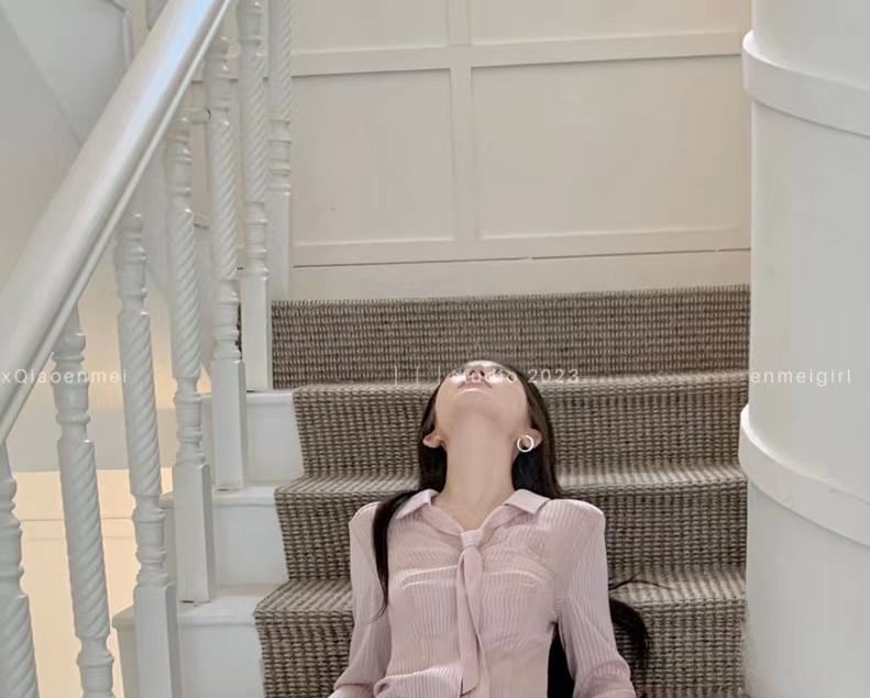 A-Line Waist / Mini Pleated Belt Skort Sleeve Collared High Striped V-Neck Plain Set Long Shirt