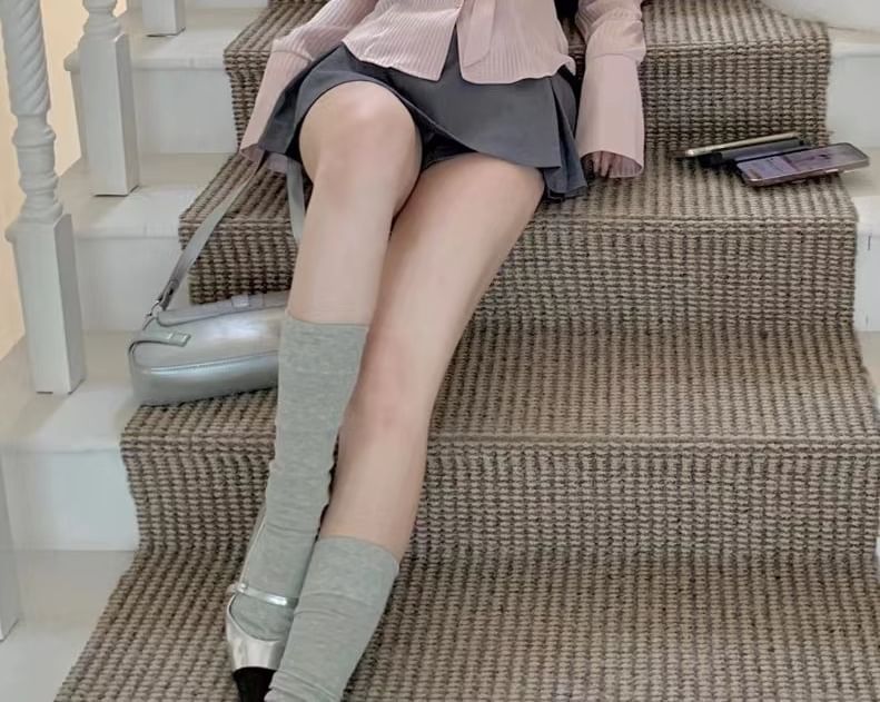 A-Line Waist / Mini Pleated Belt Skort Sleeve Collared High Striped V-Neck Plain Set Long Shirt