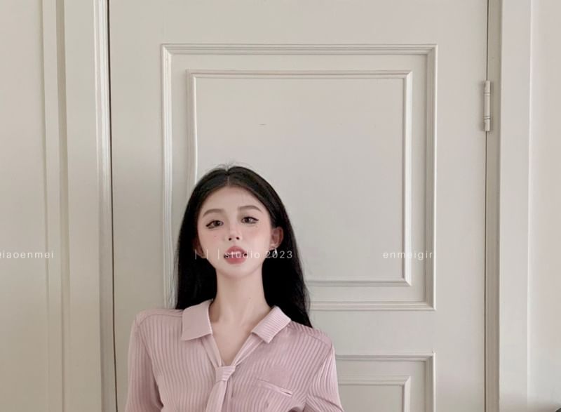 A-Line Waist / Mini Pleated Belt Skort Sleeve Collared High Striped V-Neck Plain Set Long Shirt