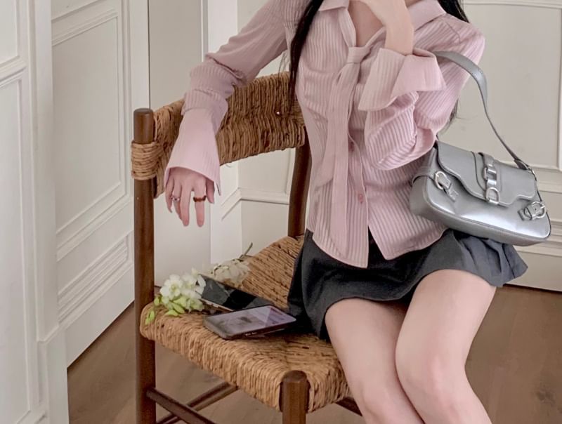 A-Line Waist / Mini Pleated Belt Skort Sleeve Collared High Striped V-Neck Plain Set Long Shirt