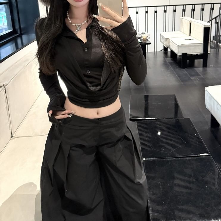 Plain Cropped Inverted Leg Rise Low Collar Pleated Tee Long-Sleeve Wide Pants /