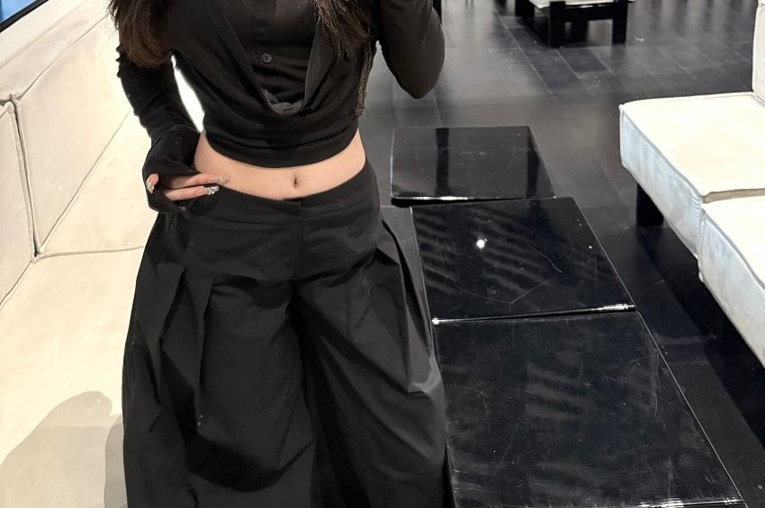 Plain Cropped Inverted Leg Rise Low Collar Pleated Tee Long-Sleeve Wide Pants /