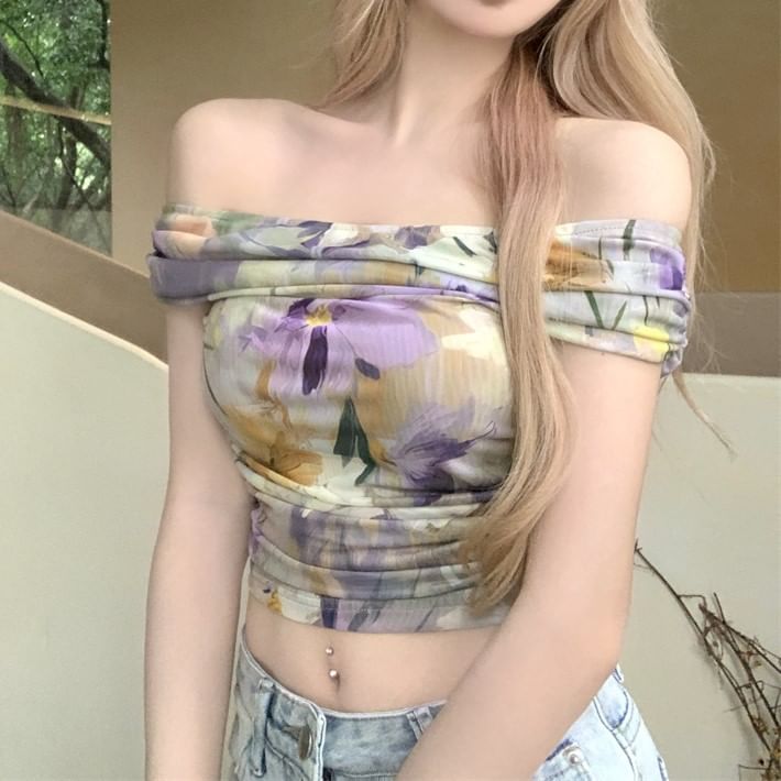 Tee Ruched Off-Shoulder Floral Cropped Short-Sleeve