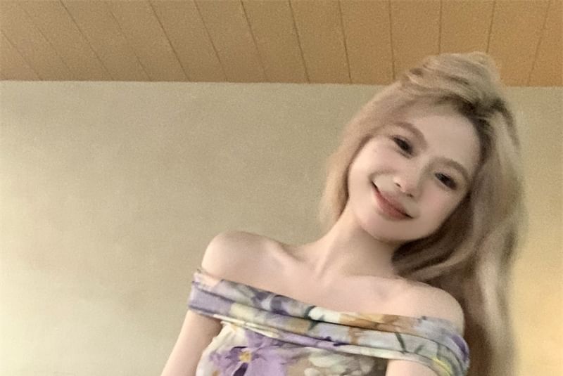 Tee Ruched Off-Shoulder Floral Cropped Short-Sleeve