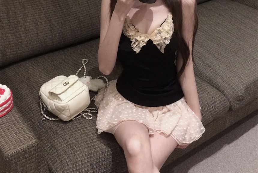 Mini Dotted A-Line / Rise Asymmetrical Skirt Scoop Plain Top Lace Neck Halter Mid Trim