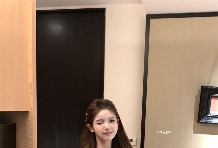 Mini Dotted A-Line / Rise Asymmetrical Skirt Scoop Plain Top Lace Neck Halter Mid Trim