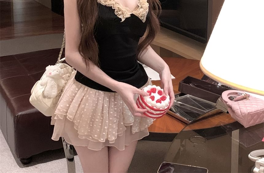 Mini Dotted A-Line / Rise Asymmetrical Skirt Scoop Plain Top Lace Neck Halter Mid Trim