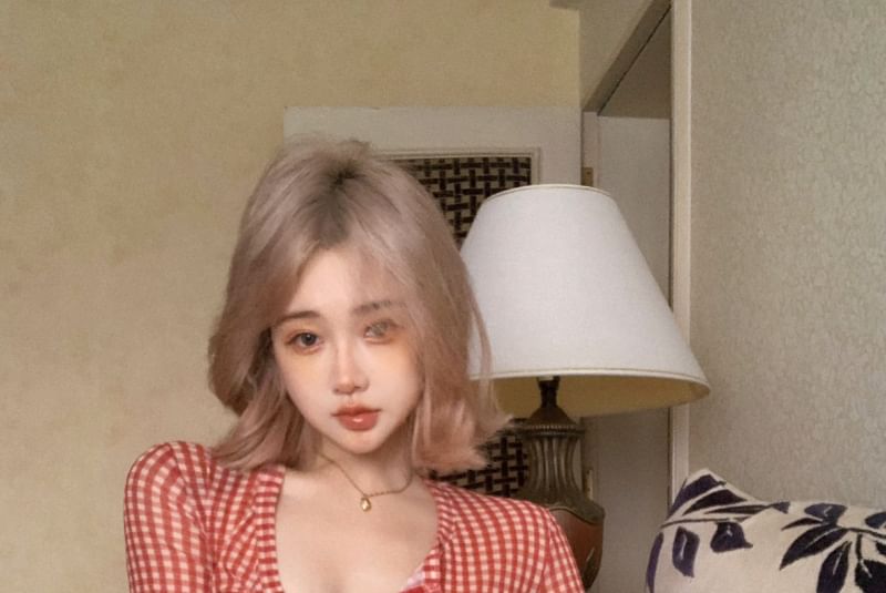 Crop Long-Sleeve Button-Up Mesh Gingham Top