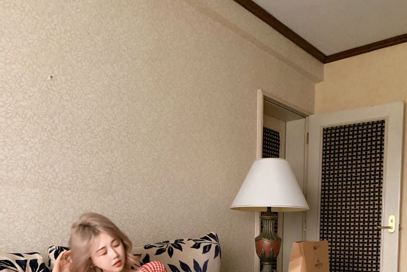 Crop Long-Sleeve Button-Up Mesh Gingham Top