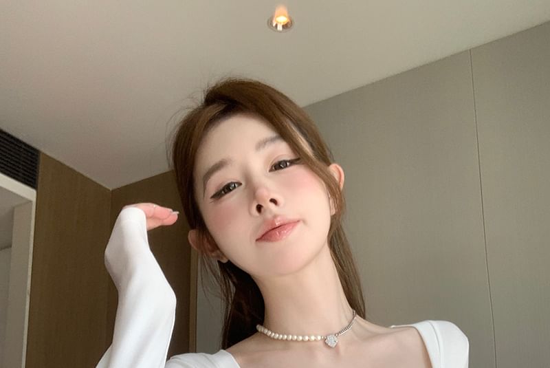 Top Shirred Square-Neck Plain Crop Long-Sleeve