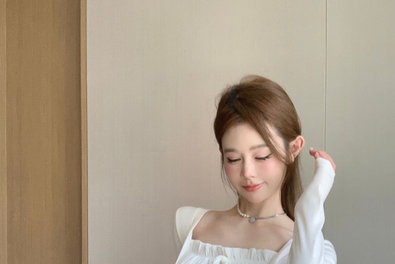 Top Shirred Square-Neck Plain Crop Long-Sleeve