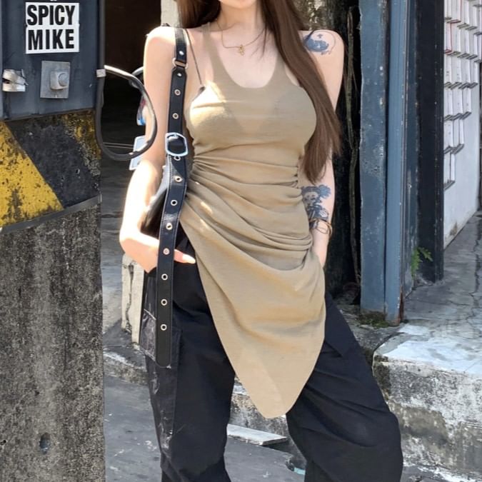 Plain Top U-Neck Asymmetrical Sleeveless