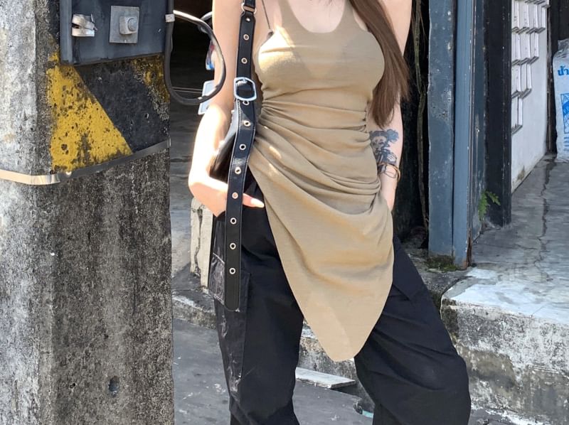 Plain Top U-Neck Asymmetrical Sleeveless