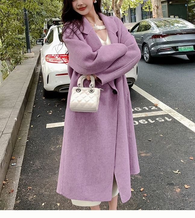 Collared Plain Midi Double Breasted Coat