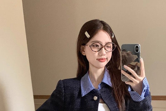 Collared Plaid Mock Two Piece Tweed Button Jacket