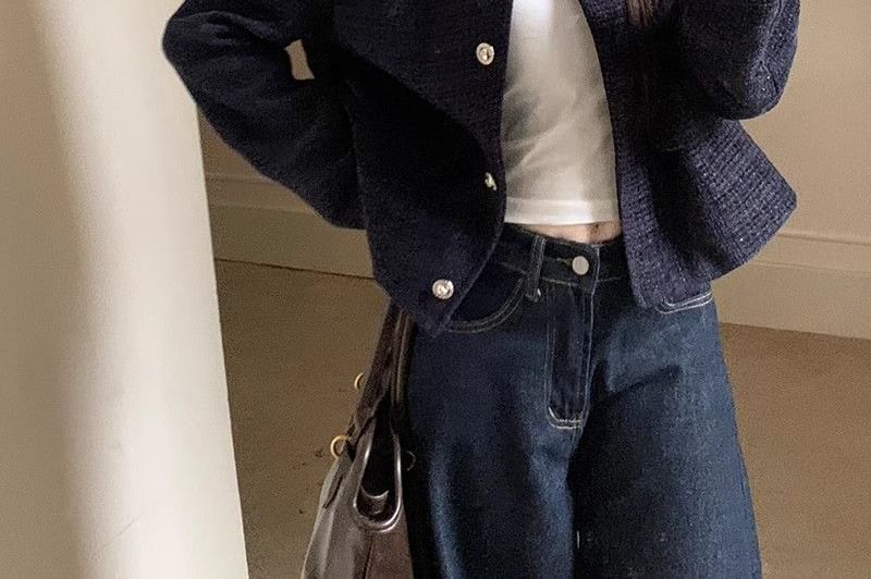 Collared Plaid Mock Two Piece Tweed Button Jacket