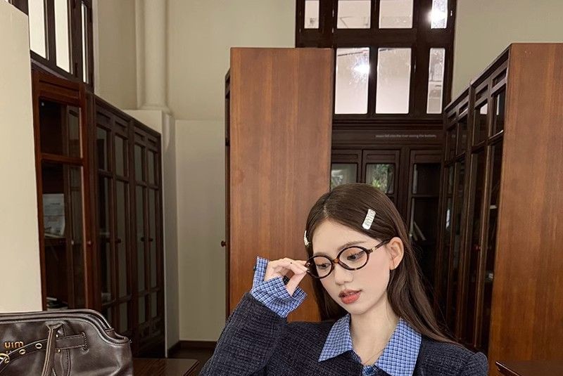 Collared Plaid Mock Two Piece Tweed Button Jacket