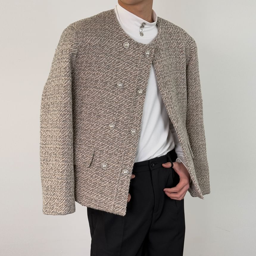 Crew Neck Double-Breasted Tweed Jacket