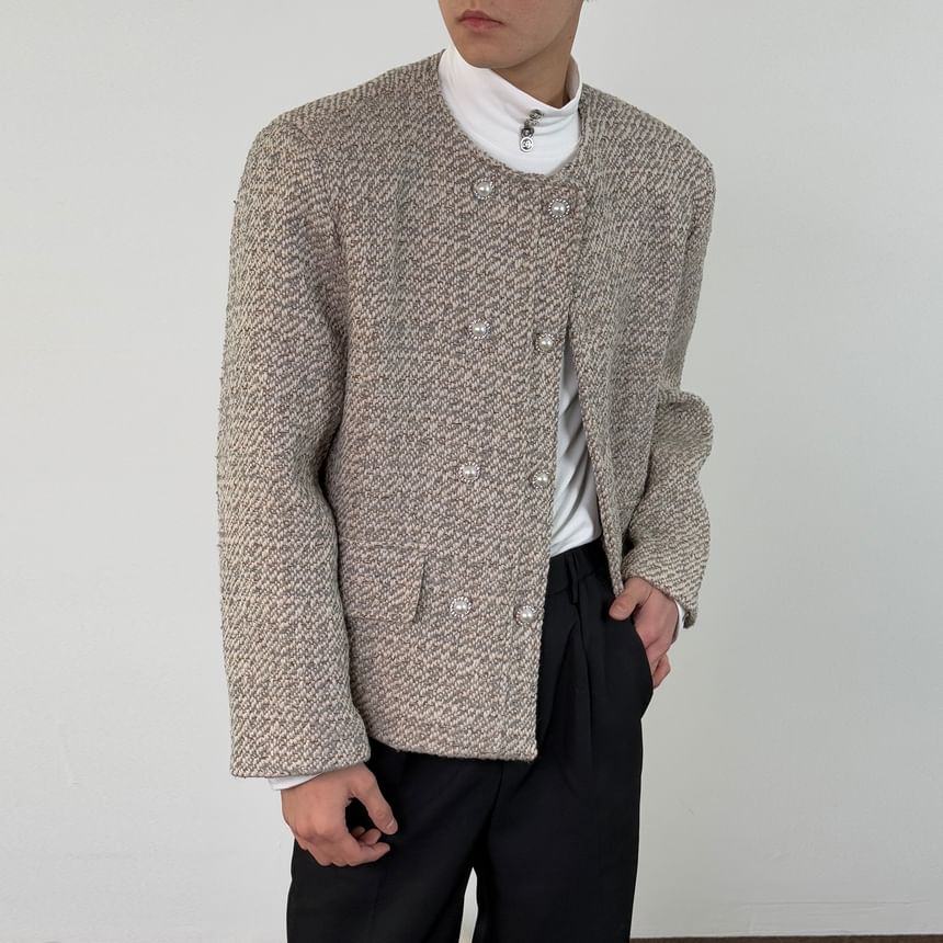 Crew Neck Double-Breasted Tweed Jacket