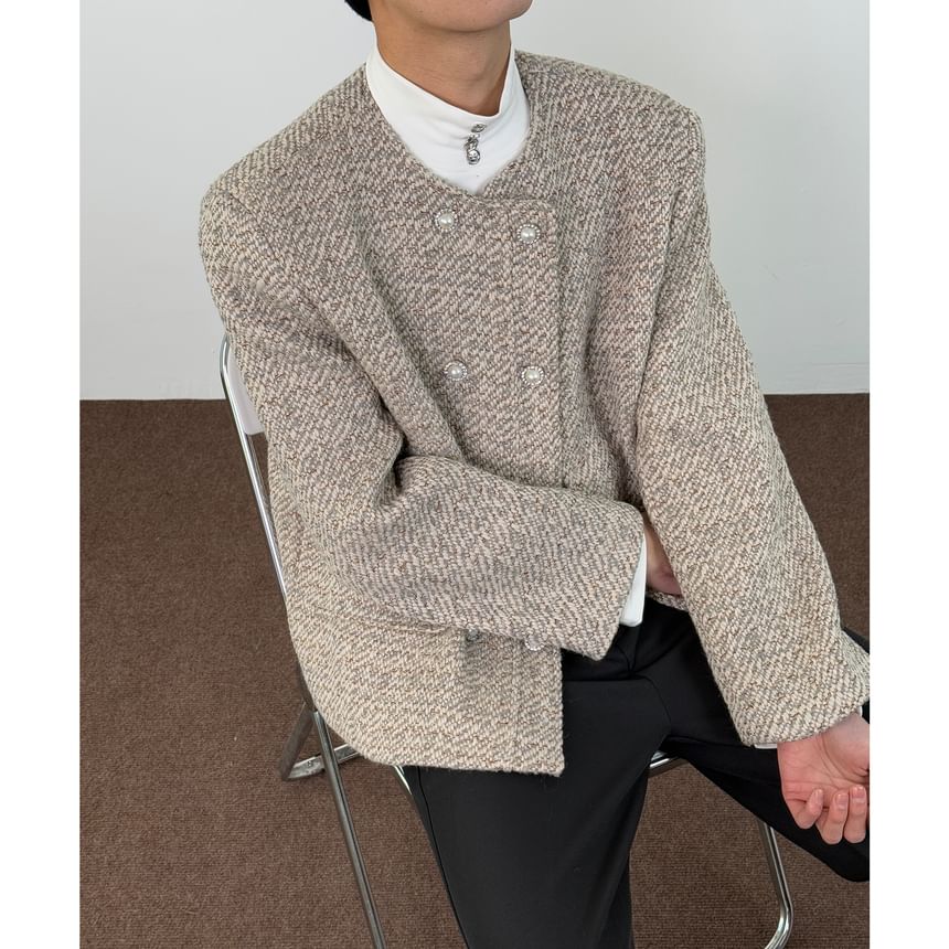 Crew Neck Double-Breasted Tweed Jacket