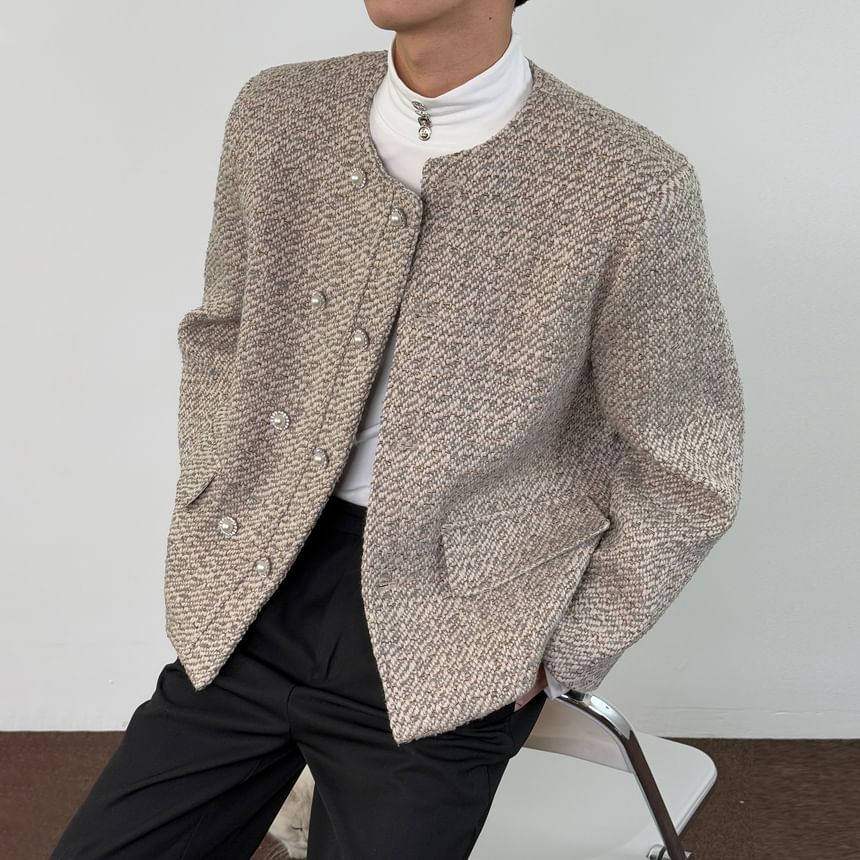 Crew Neck Double-Breasted Tweed Jacket