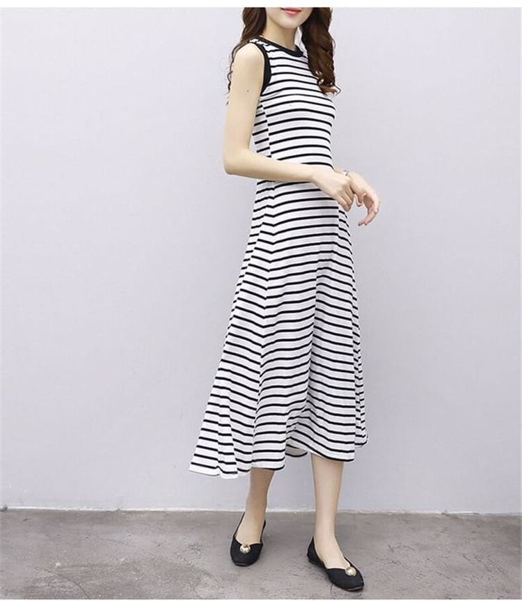 Striped A-Line Midi Tank Dress Neck Crew