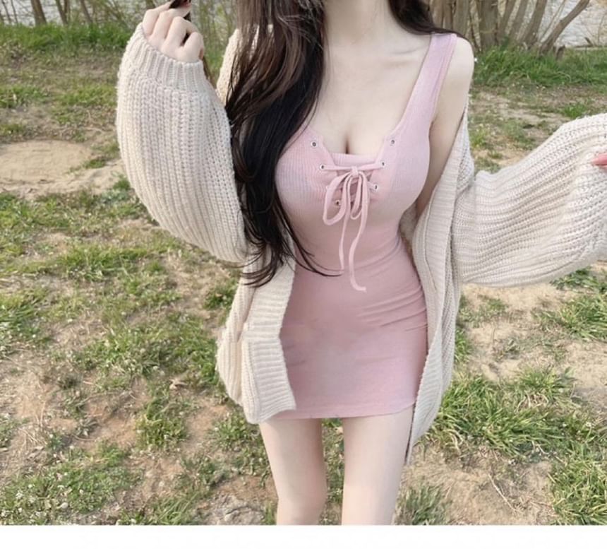 Mini Lace-Up Plain Sleeveless Dress Bodycon