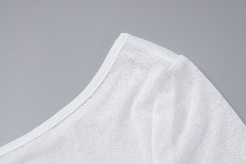 Drawstring Long-Sleeve Sheer Tee One-Shoulder Plain