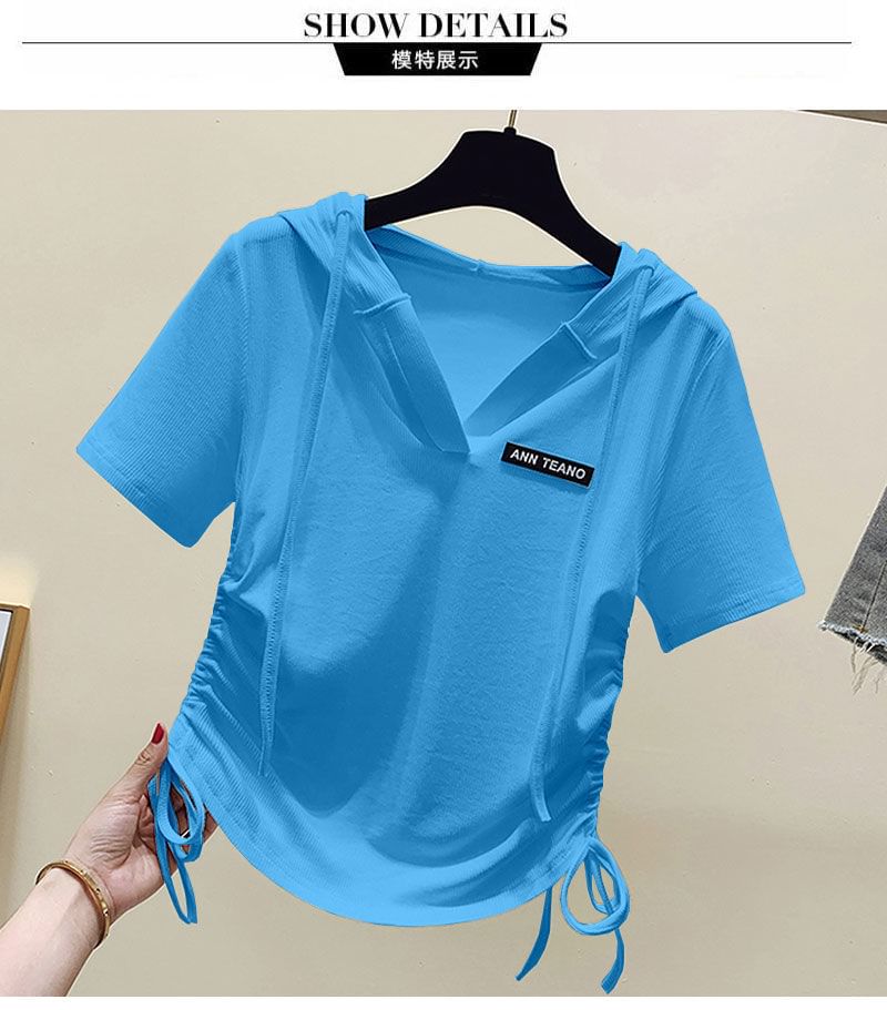 Short-Sleeve Lettering Tee Drawstring V-Neck