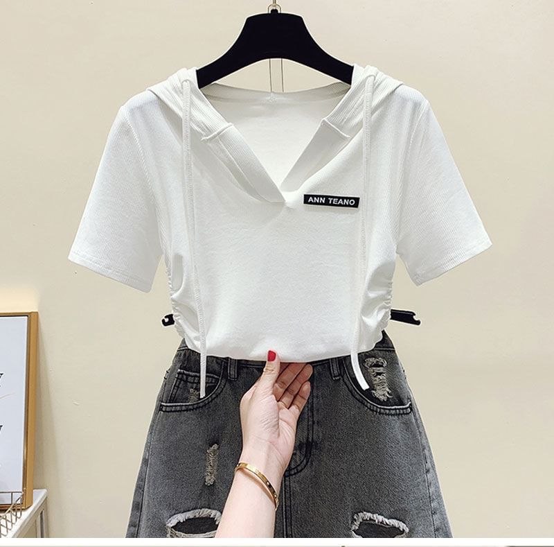 Short-Sleeve Lettering Tee Drawstring V-Neck