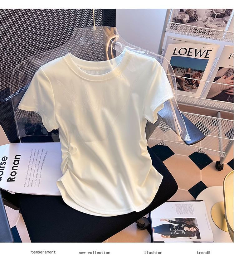 Plain Tee Short-Sleeve Neck Round Ruched