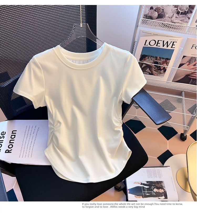 Plain Tee Short-Sleeve Neck Round Ruched