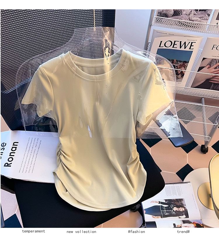 Plain Tee Short-Sleeve Neck Round Ruched