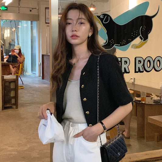 Elbow-Sleeve Crew Neck Button-Up Plain Tweed Crop Jacket