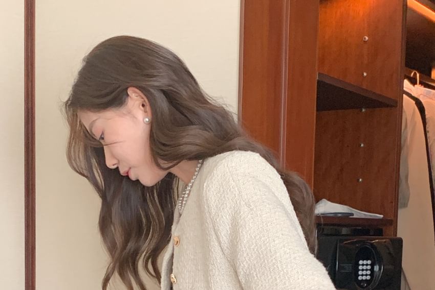 Elbow-Sleeve Crew Neck Button-Up Plain Tweed Crop Jacket