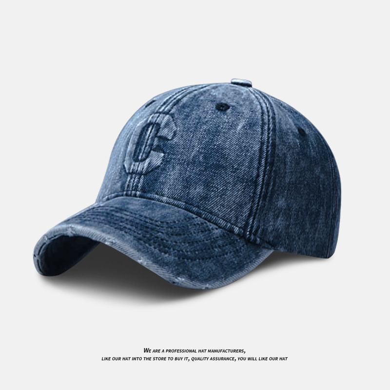 Denim Lettering Cap Washed Distressed Baseball Embroidered