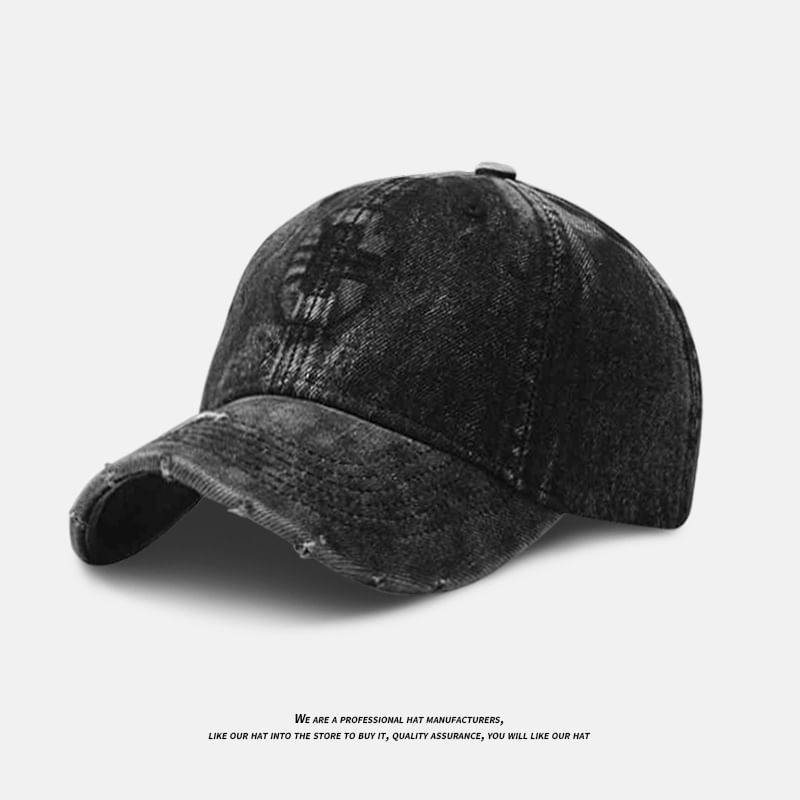Denim Lettering Cap Washed Distressed Baseball Embroidered