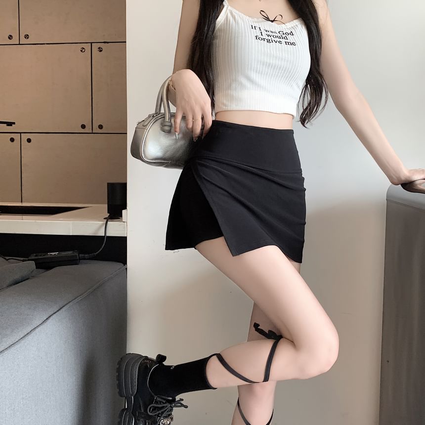 Mini Skort Slit Waist High Plain