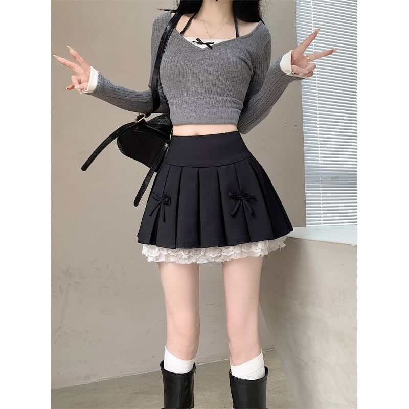 Mini High Bow Waist Pleated A-Line Skirt Panel Lace