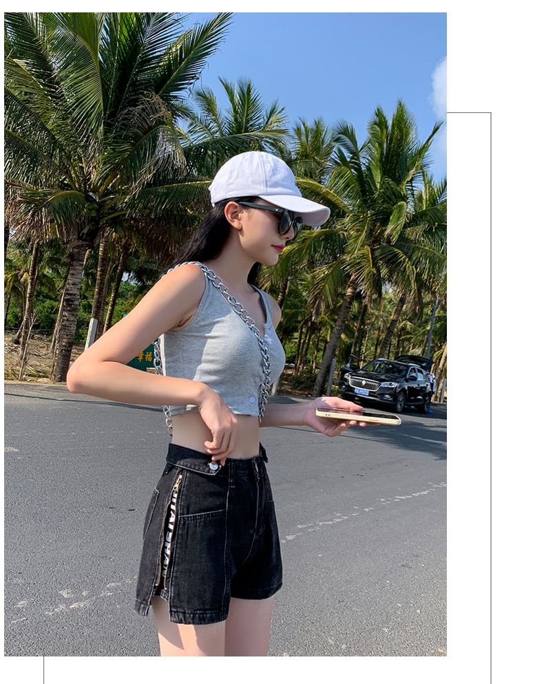 Shorts Zip Denim Washed Lettering Print Waist High Slit