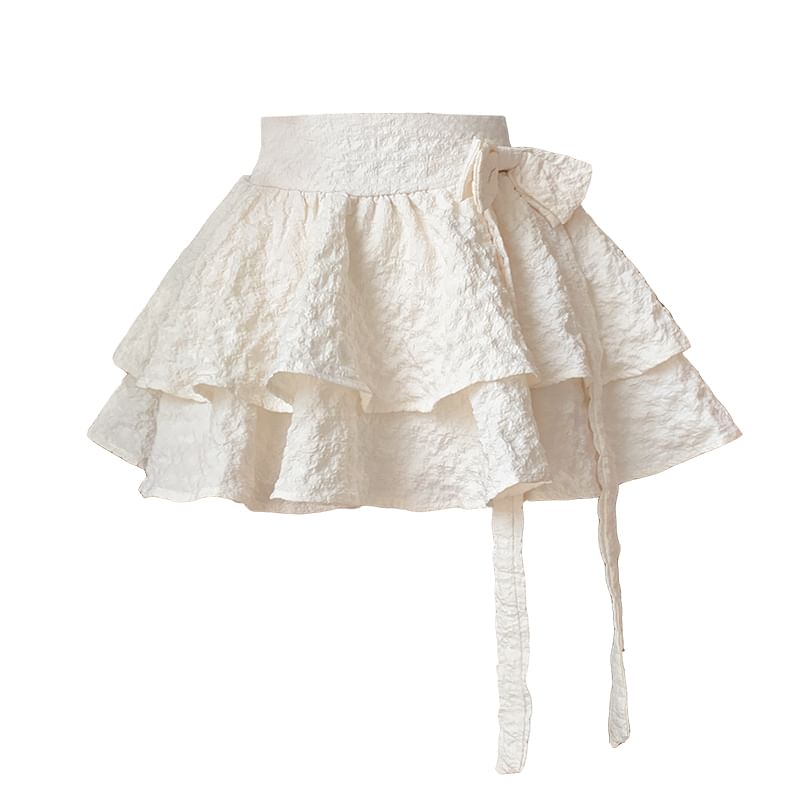 Mini Waist Ruffle Skirt High A-Line Plain Bow