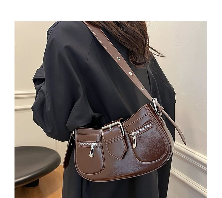 Faux Buckled Leather Shoulder Bag