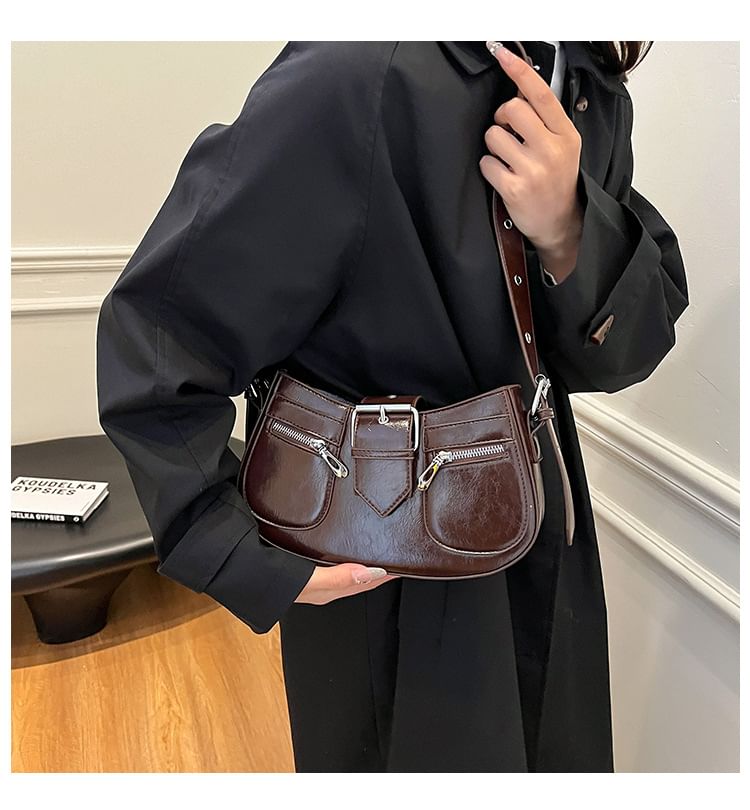 Faux Buckled Leather Shoulder Bag